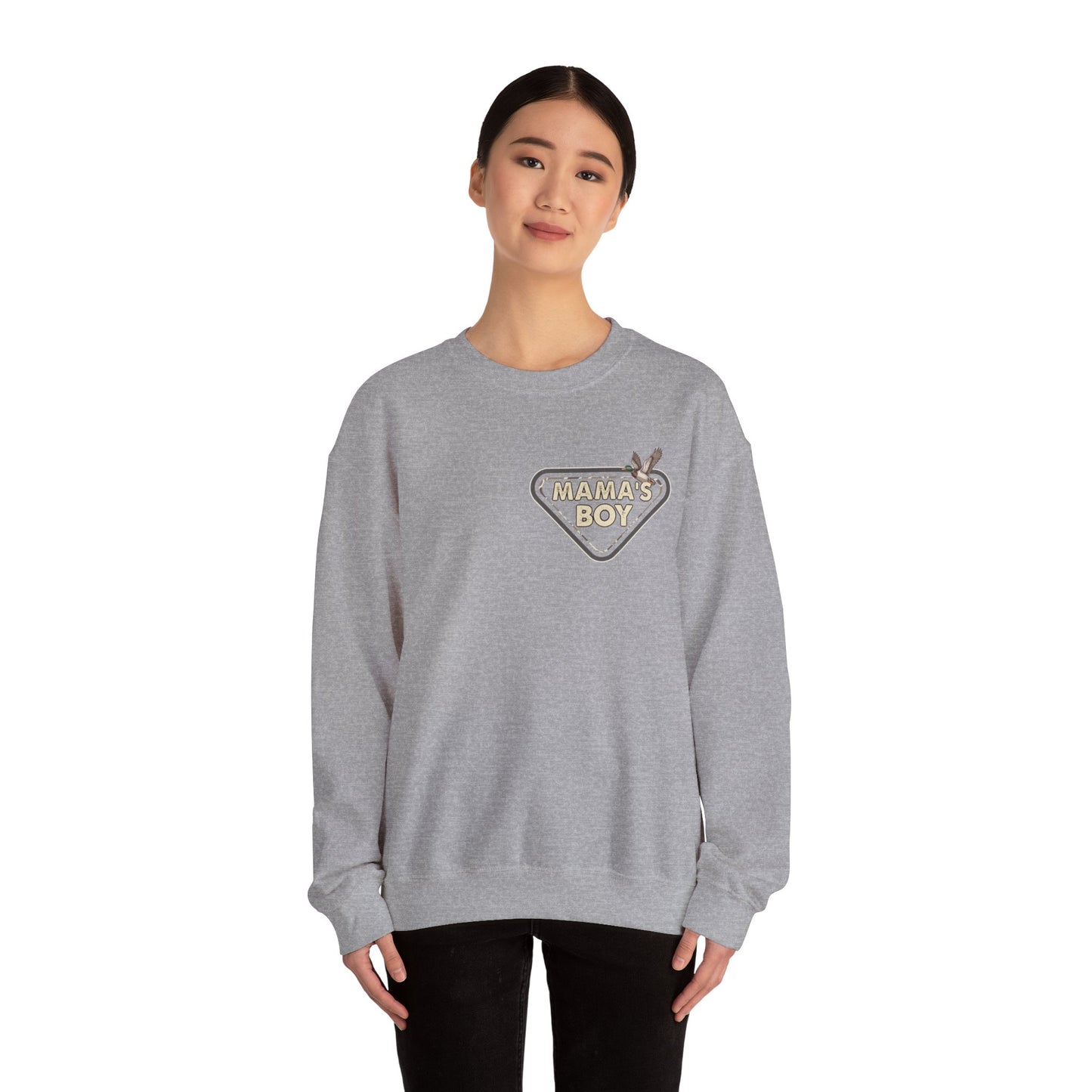 Mama’s Boy Crewneck Sweatshirt — Camo Heart Graphic