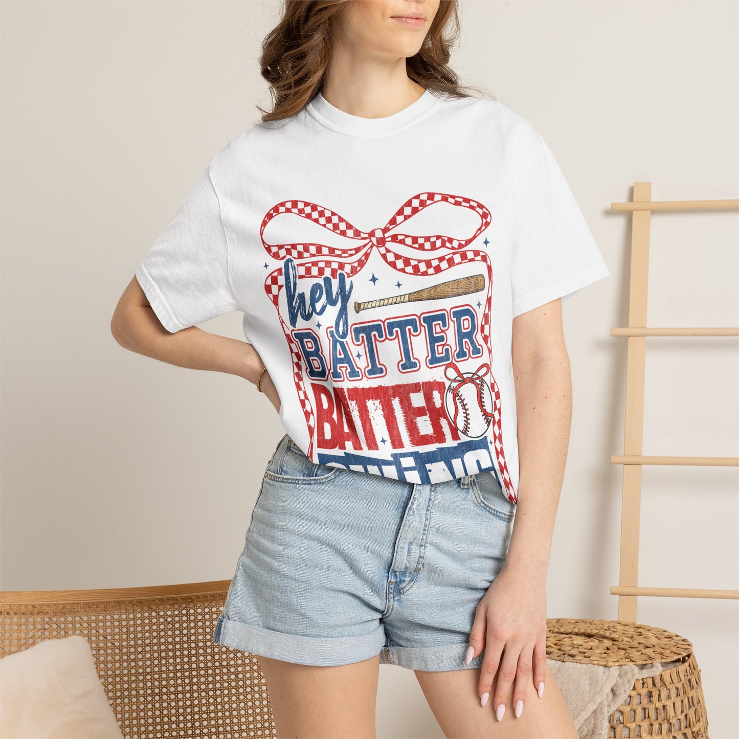 Baseball Graphic T-Shirt — "Hey Batter Batter Swing" Patriotic Red, White & Blue Tee