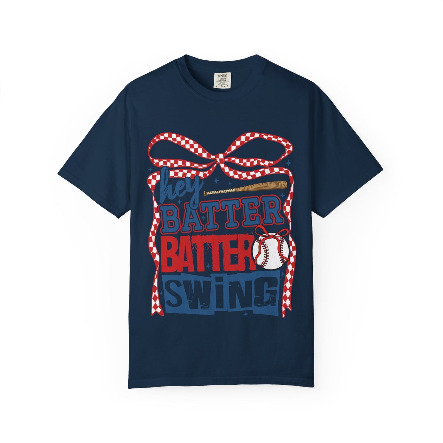 Baseball Graphic T-Shirt — "Hey Batter Batter Swing" Patriotic Red, White & Blue Tee