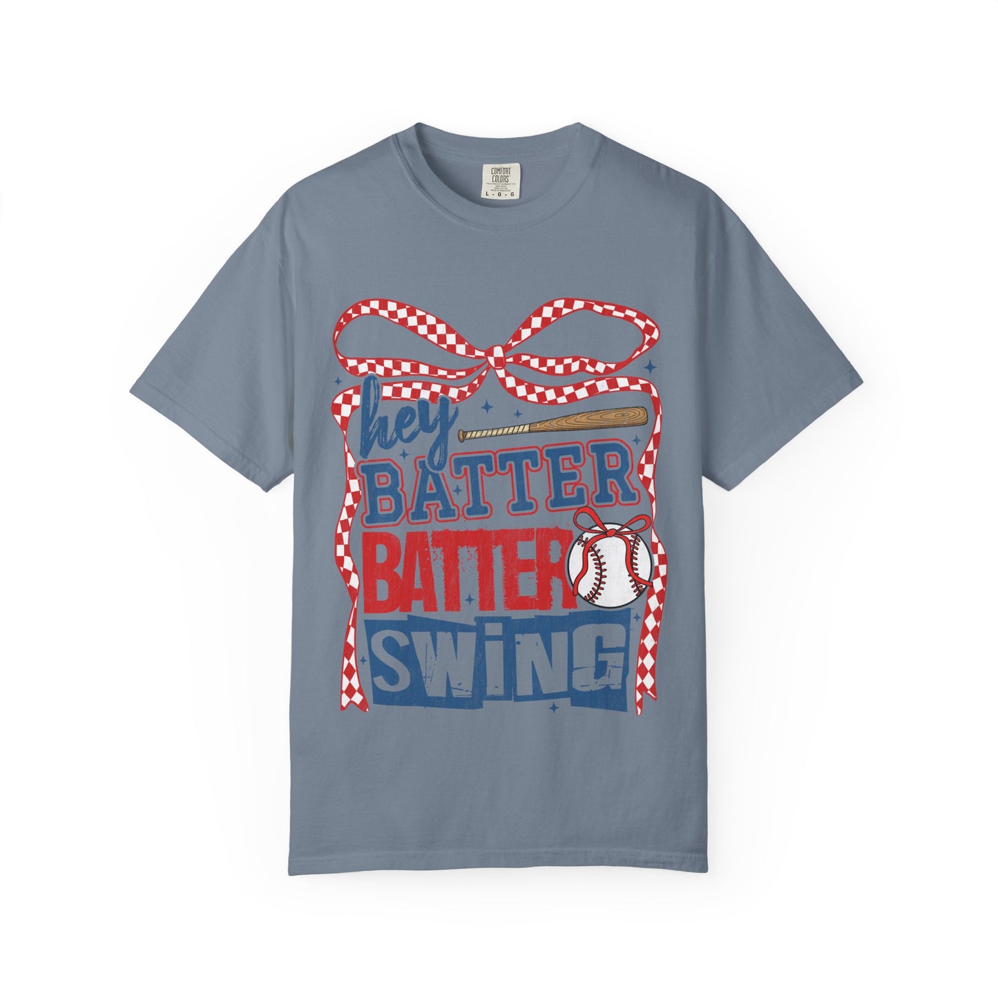 Baseball Graphic T-Shirt — "Hey Batter Batter Swing" Patriotic Red, White & Blue Tee