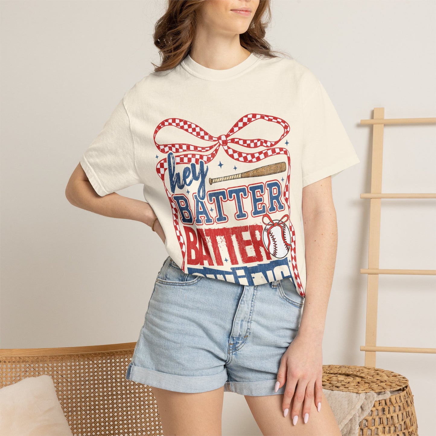Baseball Graphic T-Shirt — "Hey Batter Batter Swing" Patriotic Red, White & Blue Tee