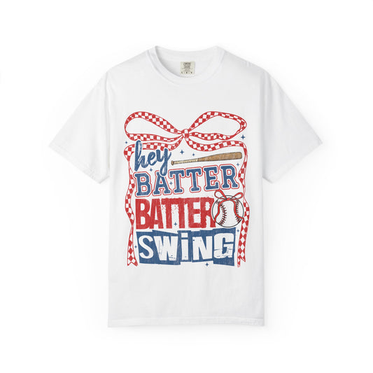 Baseball Graphic T-Shirt — "Hey Batter Batter Swing" Patriotic Red, White & Blue Tee