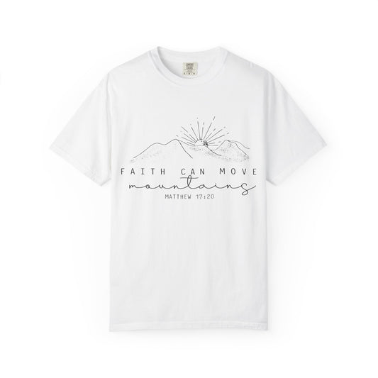Faith Can Move Mountains T-Shirt — Matthew 17:20 Minimal Mountain Graphic