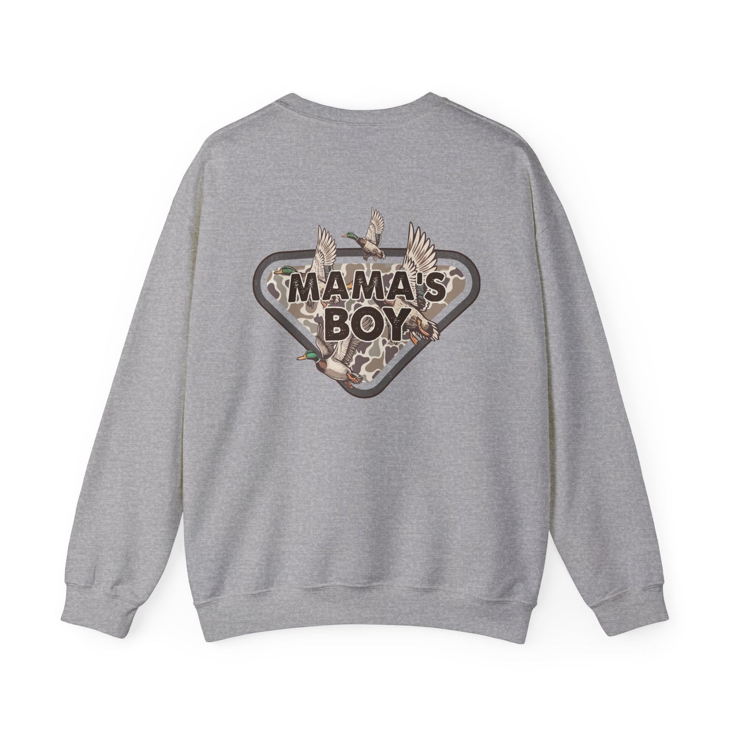 Mama’s Boy Crewneck Sweatshirt — Camo Heart Graphic