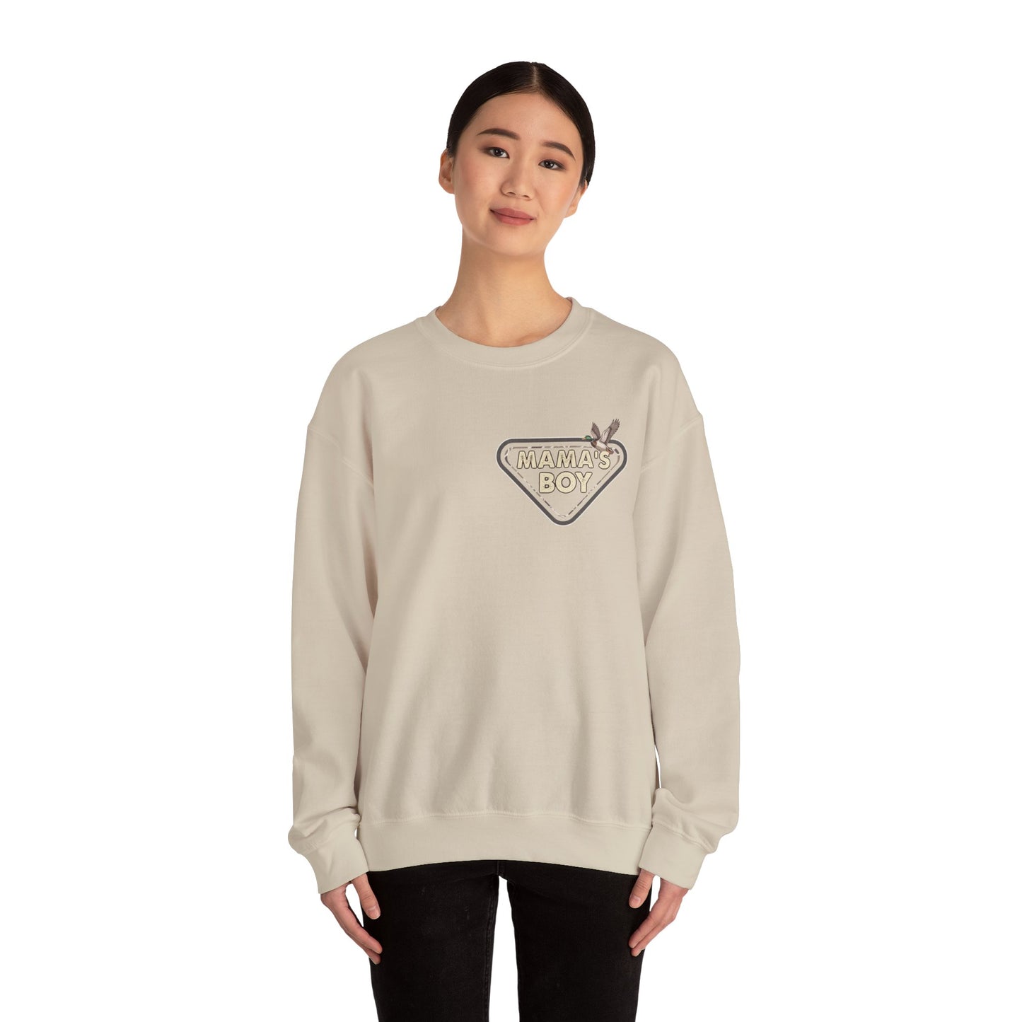 Mama’s Boy Crewneck Sweatshirt — Camo Heart Graphic