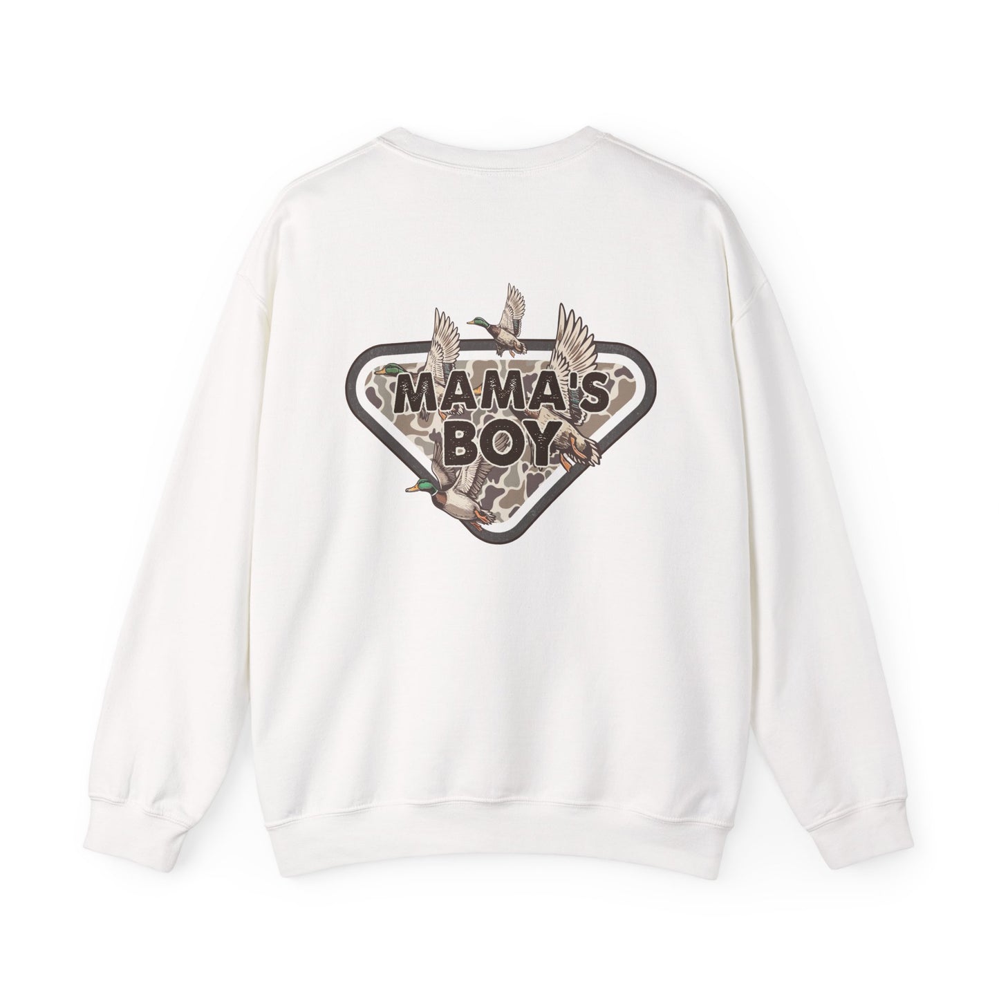 Mama’s Boy Crewneck Sweatshirt — Camo Heart Graphic