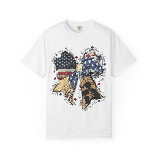 Patriotic American Flag Bow T-Shirt – Stars & Stripes Graphic