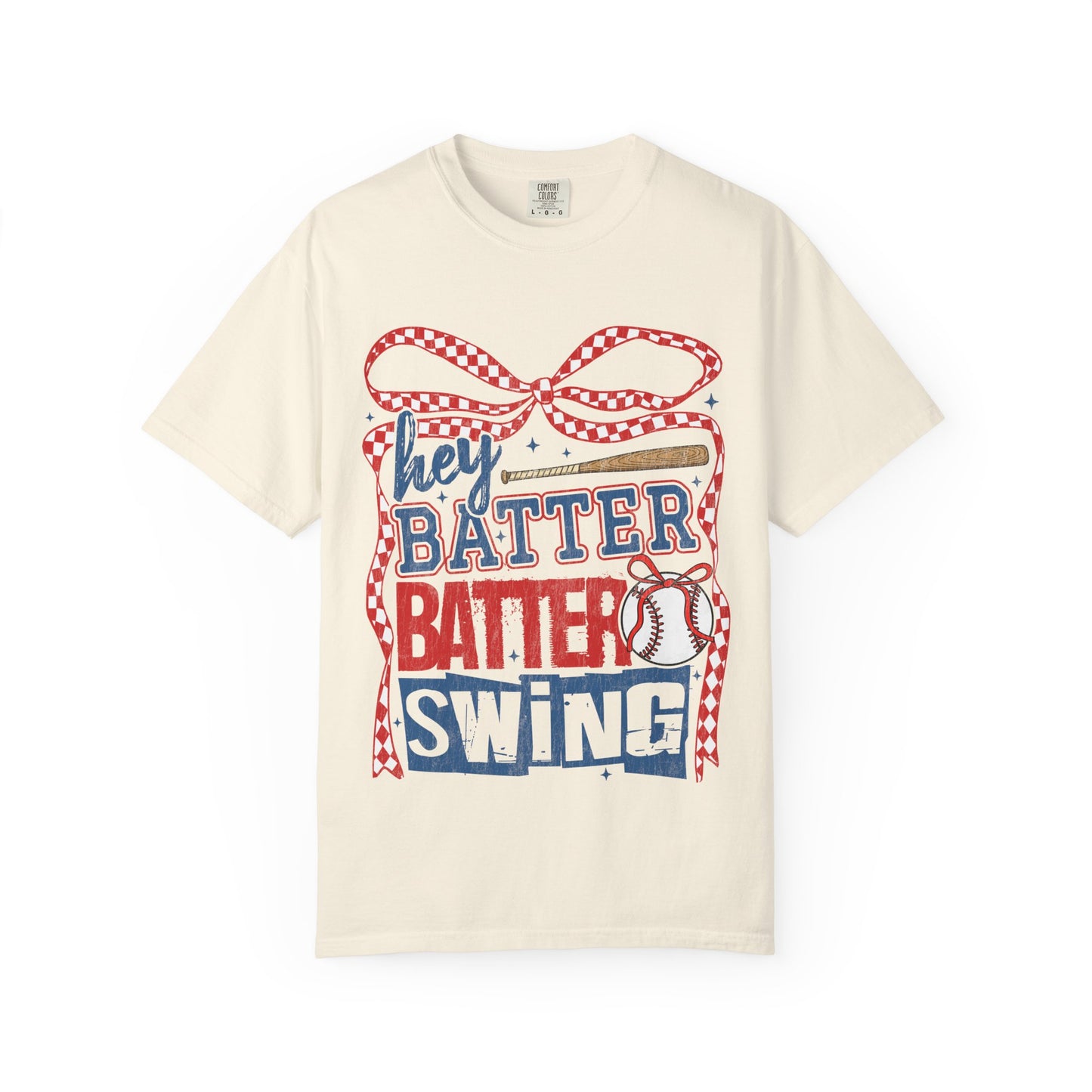 Baseball Graphic T-Shirt — "Hey Batter Batter Swing" Patriotic Red, White & Blue Tee
