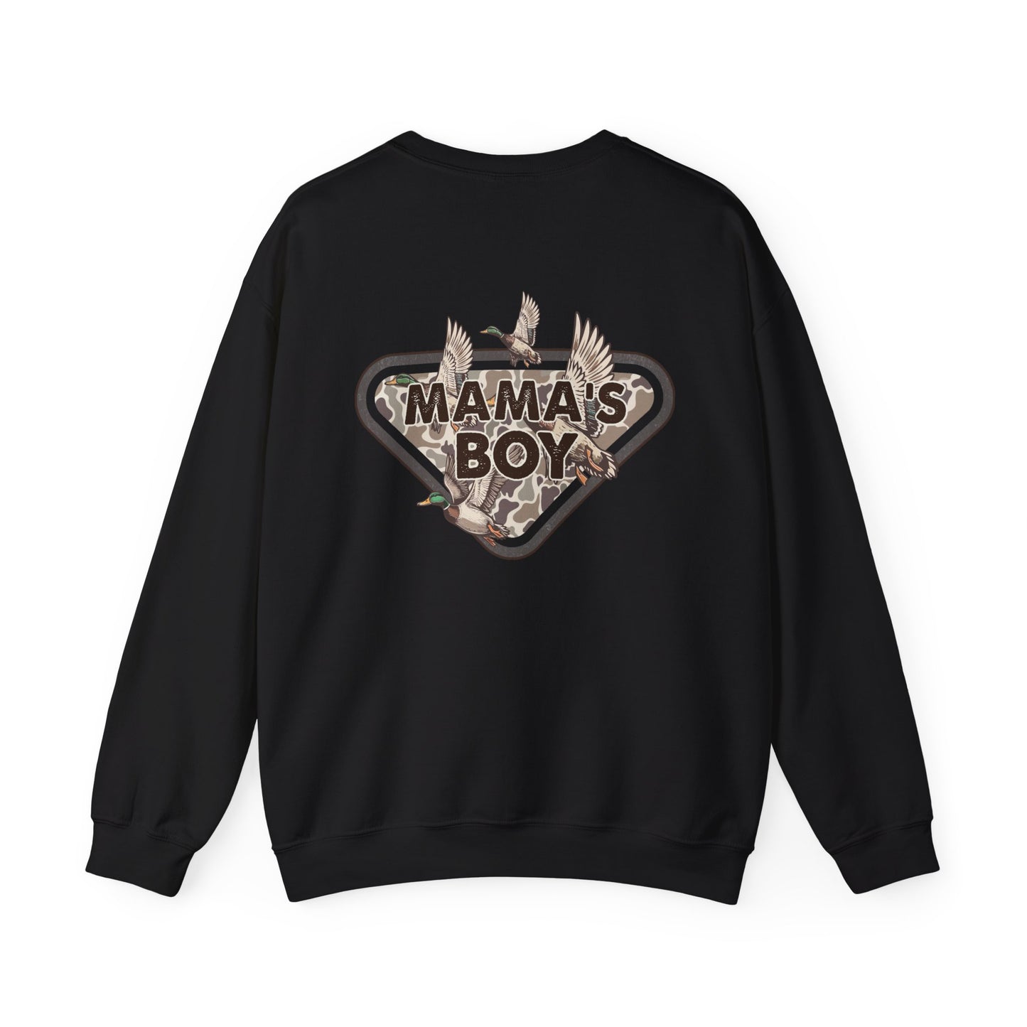Mama’s Boy Crewneck Sweatshirt — Camo Heart Graphic