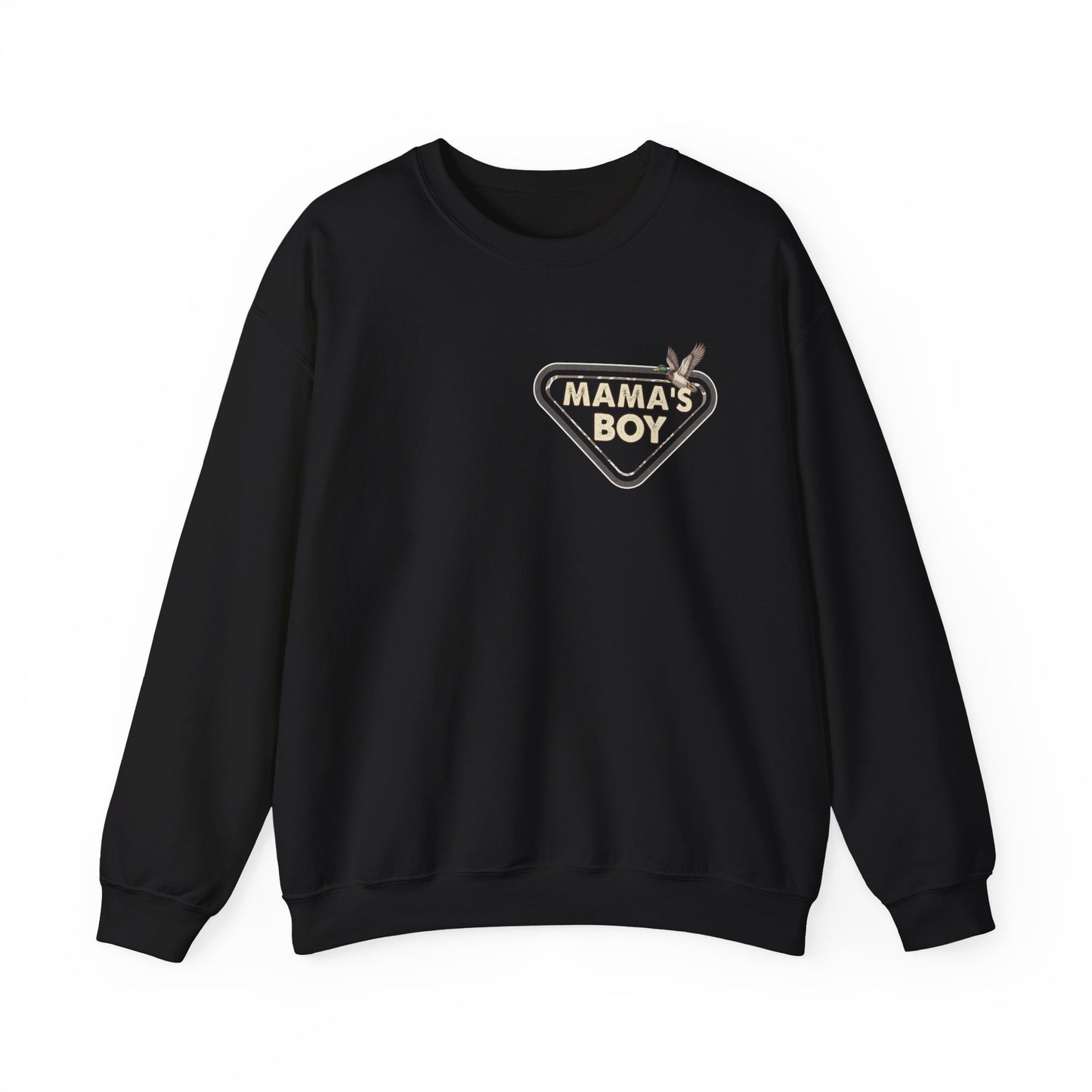 Mama’s Boy Crewneck Sweatshirt — Camo Heart Graphic