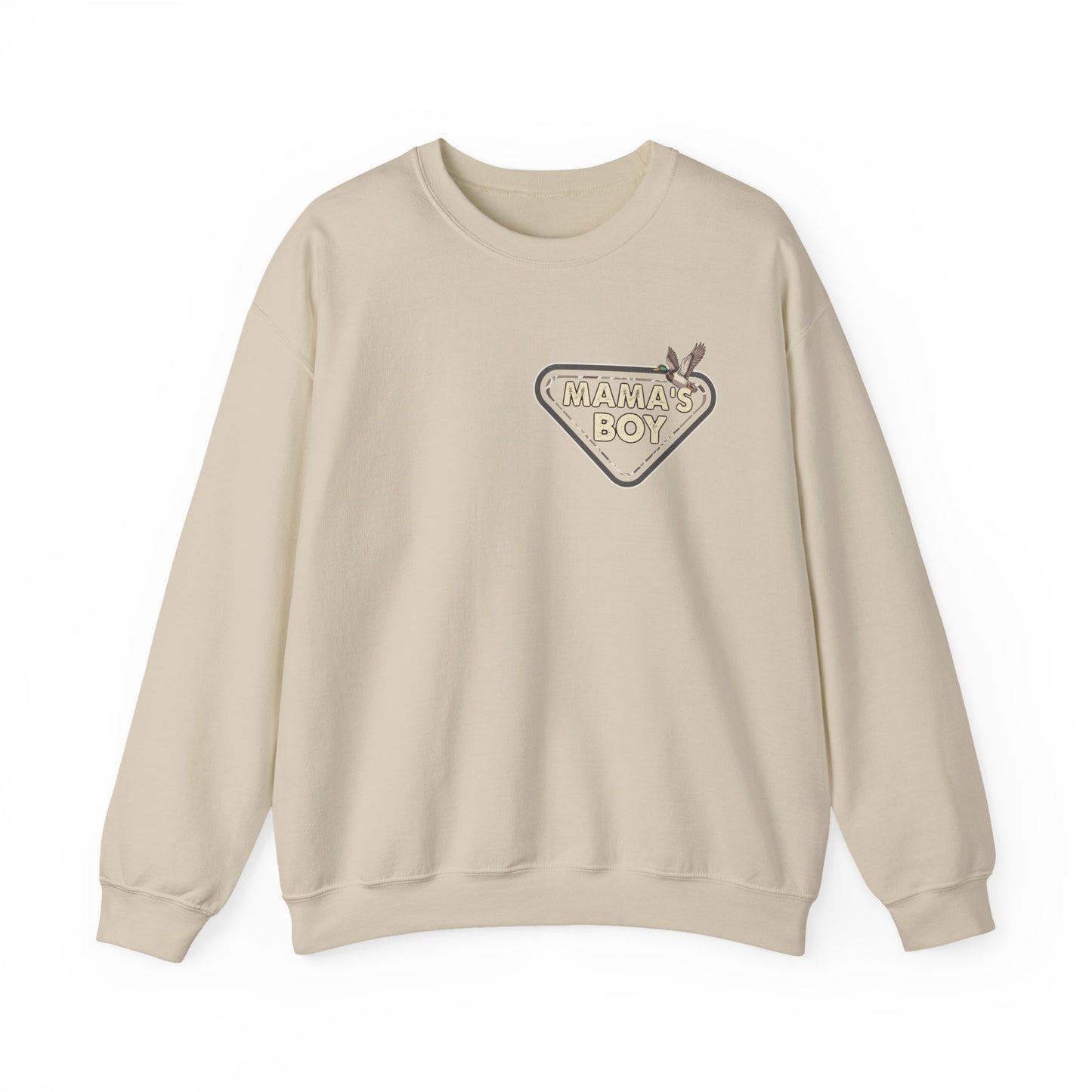 Mama’s Boy Crewneck Sweatshirt — Camo Heart Graphic