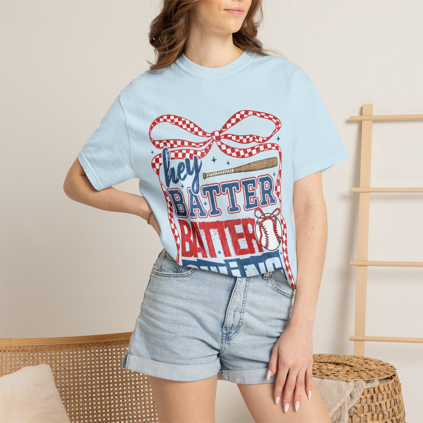 Baseball Graphic T-Shirt — "Hey Batter Batter Swing" Patriotic Red, White & Blue Tee