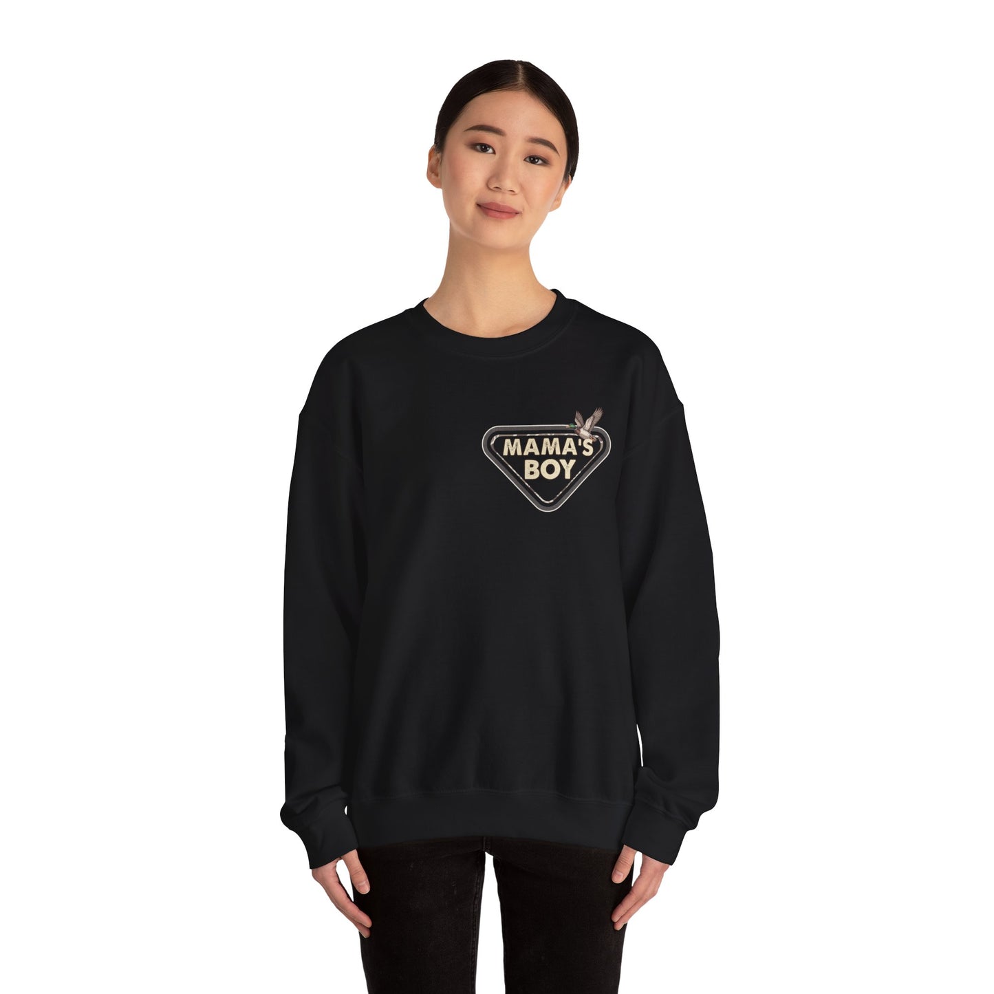 Mama’s Boy Crewneck Sweatshirt — Camo Heart Graphic