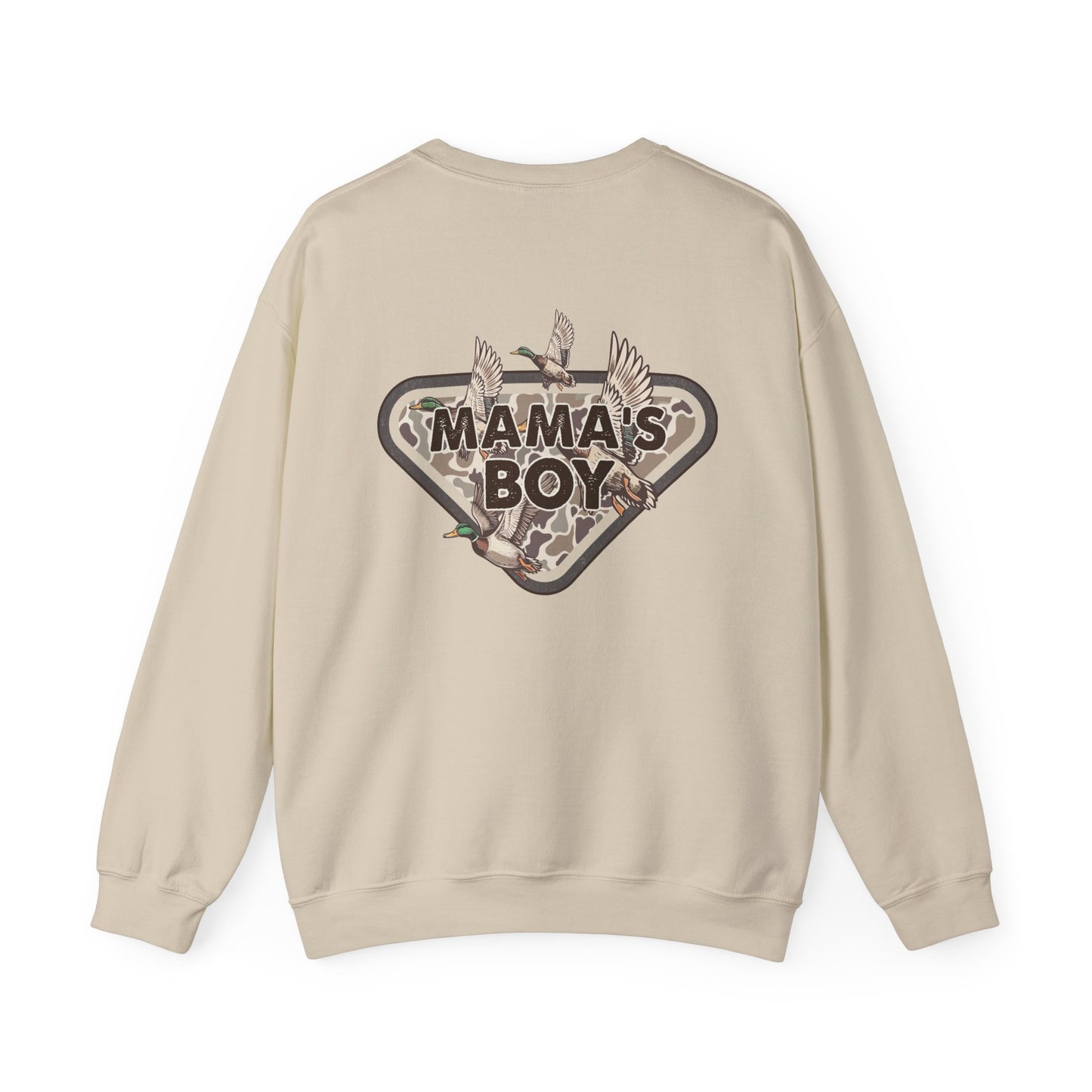 Mama’s Boy Crewneck Sweatshirt — Camo Heart Graphic