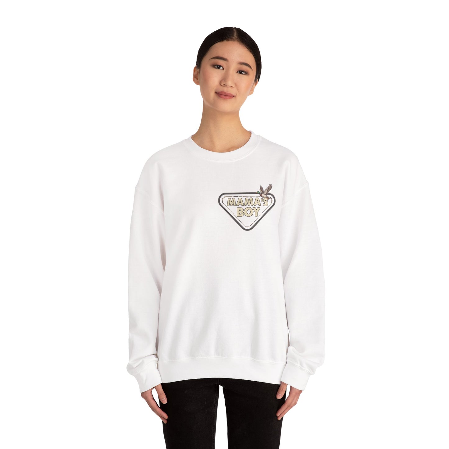 Mama’s Boy Crewneck Sweatshirt — Camo Heart Graphic
