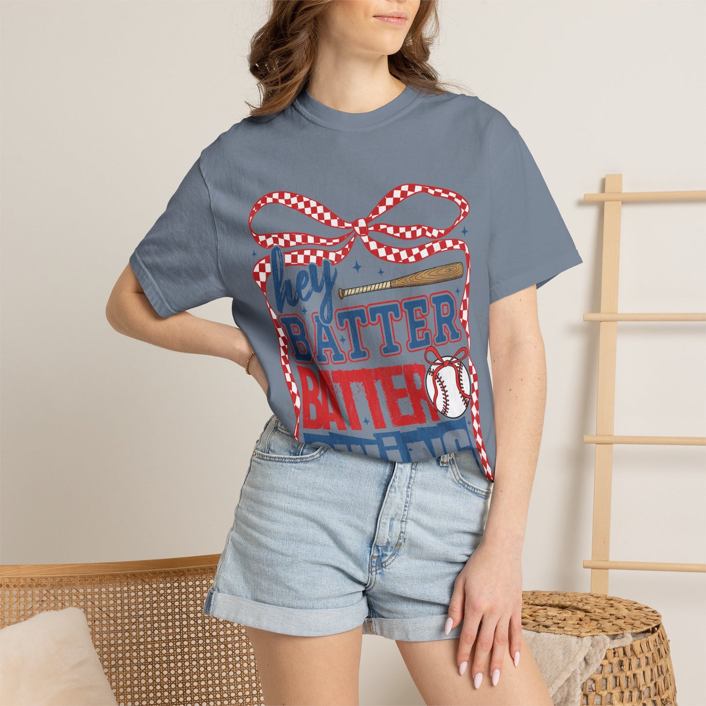 Baseball Graphic T-Shirt — "Hey Batter Batter Swing" Patriotic Red, White & Blue Tee